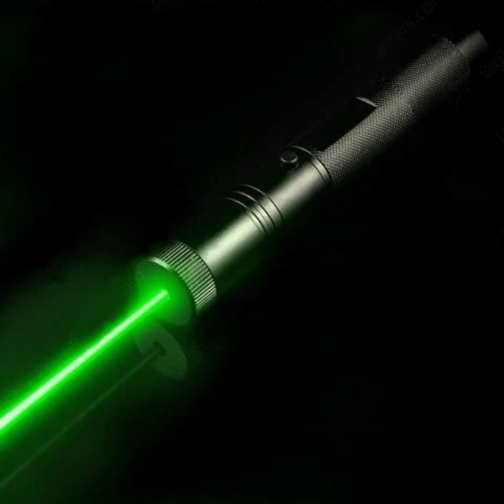 Rechargeable laser pointer featuring adjustable focus and a safety lock, designed for long-range use, with USB charging capability. 0